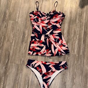 SHEIN Navy Floral Pink Red Tankini Bikini Set